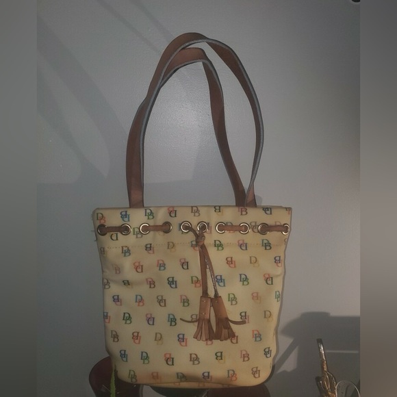 Dooney & Bourke Handbags - Vintage DOONEY & BOURKE DB Logo Cream Mini Tassel Tote Bag Satchel Purse